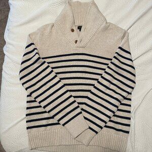 Men's J.Crew Shawl Neck Cotton Knit Ivory & Navy Stripe Sweater Size L Like New